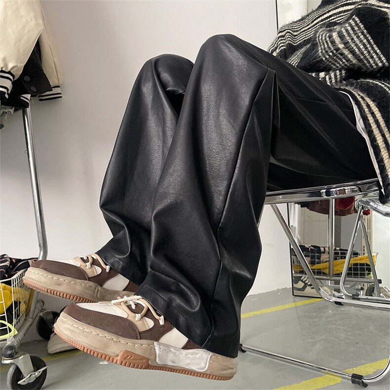 4秋冬直筒显瘦黑色PU皮皮裤宽松百搭阔腿裤男XZ211-1-K2349-P65，男装皮裤，星座211-1