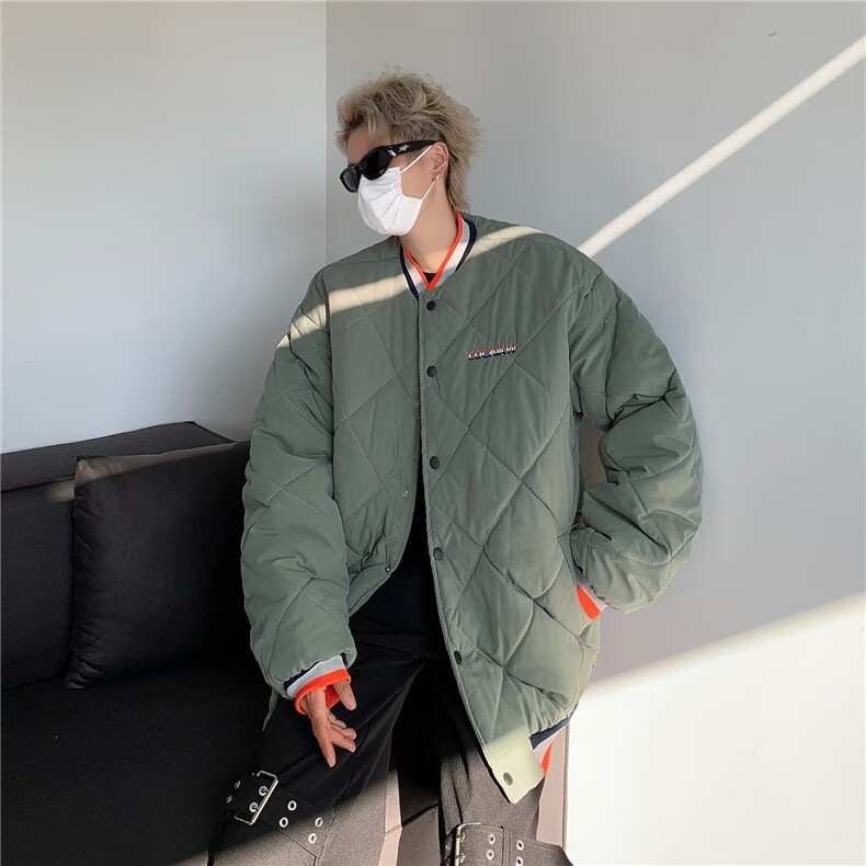 冬季潮牌菱形格保暖棉衣男高级感棒球服复古宽松棉袄M8008-P68,男装棉衣,星座1109-3