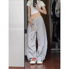 星星挂饰千鸟格子弯刀裤男女夏季薄款慵懒松弛感美式直筒阔腿裤子，男装休闲裤，星座313A(原308A-2)