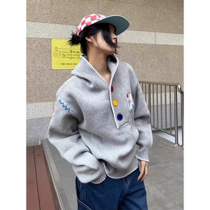 美式复古刺绣连帽毛衣男女款多巴胺彩色宽松针织衫慵懒风卫衣外套图片