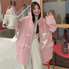 Bigsize宽松连帽羊毛呢外套（玩偶可拆装）甜美粉色，女装毛呢外套，天使之佳话