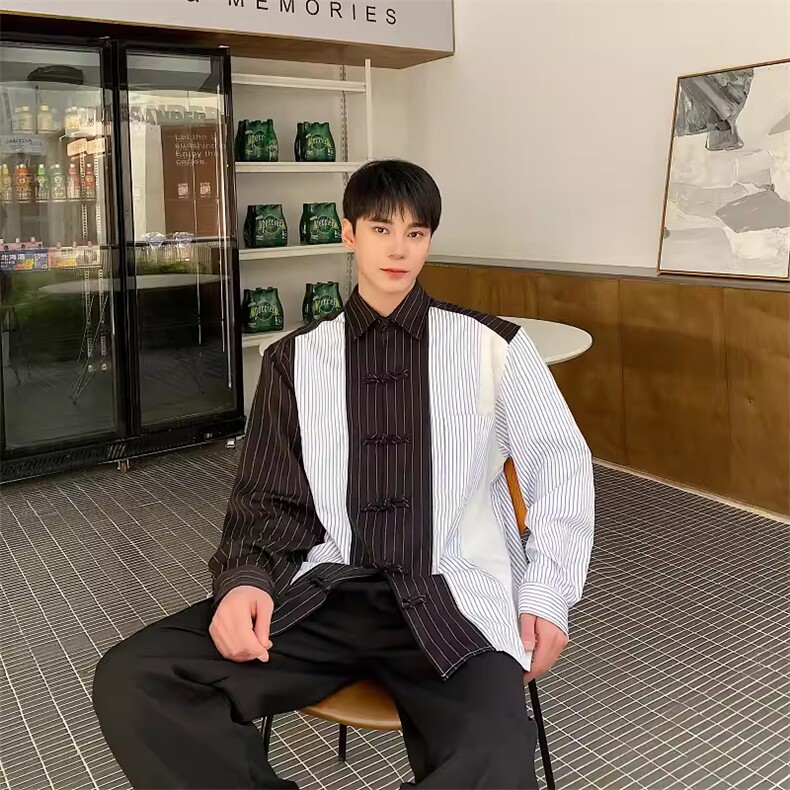 春季新款中式雅痞复古衬衫男拼接条纹翻领盘扣长袖男衬衣C198,男装衬衫,电商A345