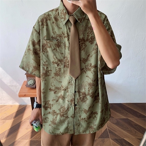 日系古着vintage碎花短袖衬衫男女夏季港味chic宽松休闲上衣外套图片