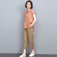 2022年夏装新款苎麻刺绣T恤衬衫女棉麻宽松九分裤套装，女装套装/套裙，忆绮罗