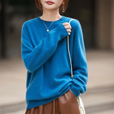 韩系无缝一线拉绒羊毛衫女宽松慵懒毛衣25秋冬圆领保暖打底衫上衣，女装羊毛衫，九嘉羊绒