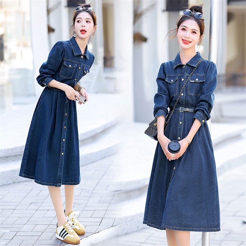 牛仔连衣裙女中长款2025春装新款韩版收腰显瘦气质减龄休闲衬衫裙，女装牛仔裙，依路服饰