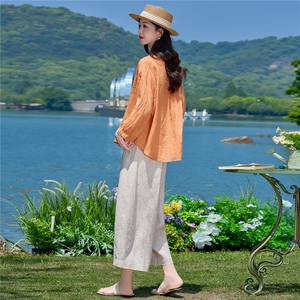 棉麻长袖套装女2026年夏季新款吸汗透气亮色翻领上衣直筒气球裤图片