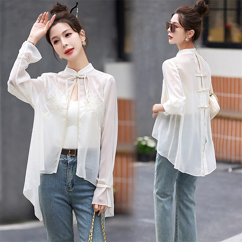 2024白色衬衫女高级衬衣洋气独特别致防嗮长袖上衣，女装防晒衣，浙宝281
