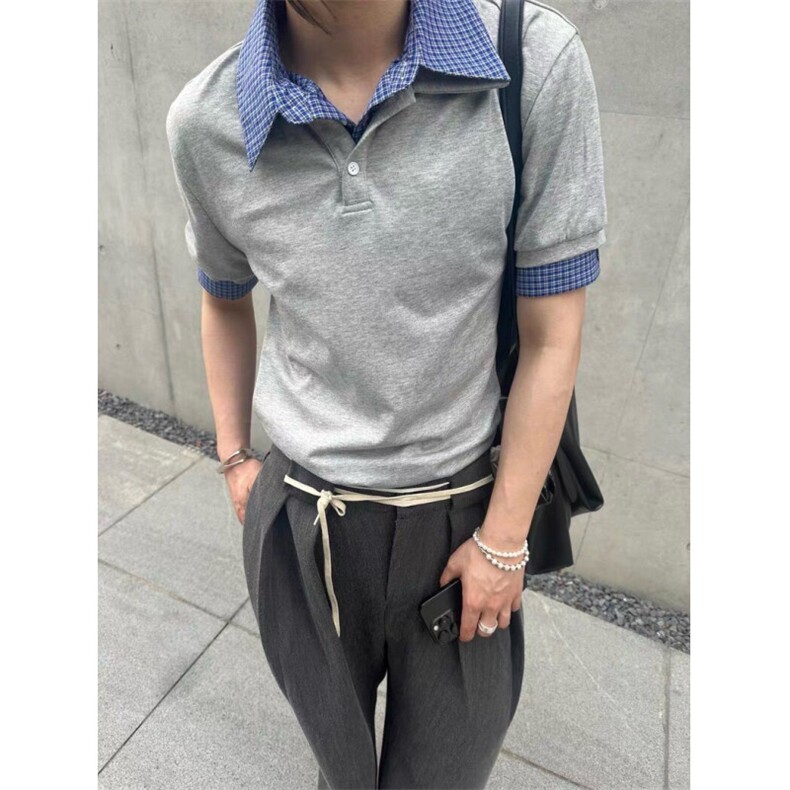 得物抖音高品质二开 夏季美式潮牌高街假两件格子衬衣翻领短袖T恤图片