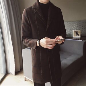 9063 2021男士风衣韩版中长款毛呢大衣男休闲潮流外套图片