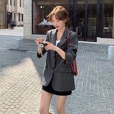 红灰色拼接西装外套女春秋2025新款韩系简约设计感西服爆款，女装西装，素月