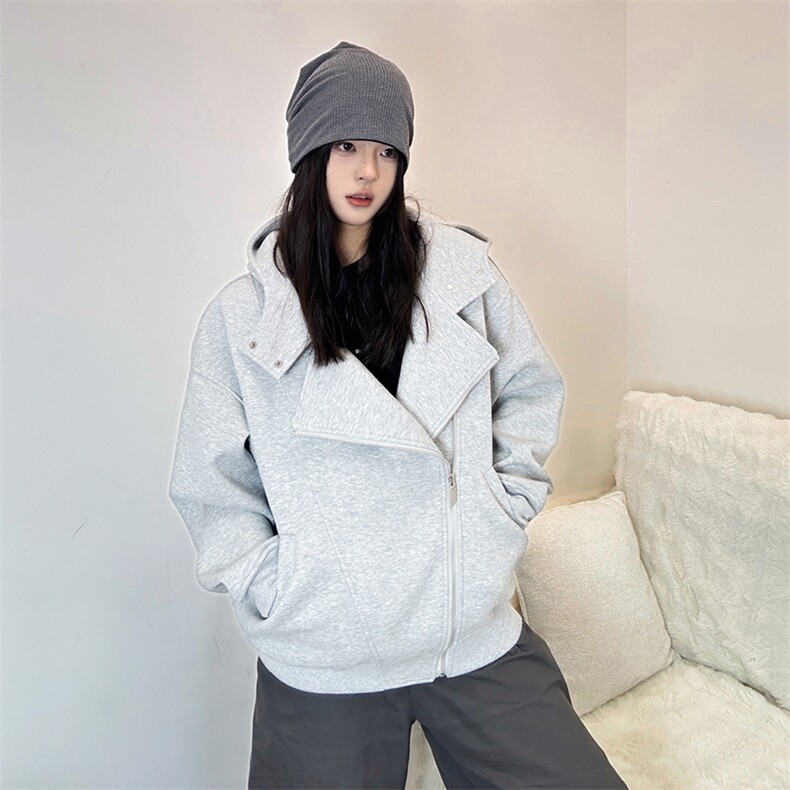 抖音得物品质26春装美式重磅结构斜拉链高领连帽卫衣开衫外套W61,女装短外套,电商A486