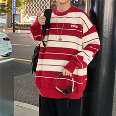 撞色条纹毛衣男秋季美式复古套头针织衫潮牌宽松情侣线衣外套，男装针织衫/毛衣，星座1013