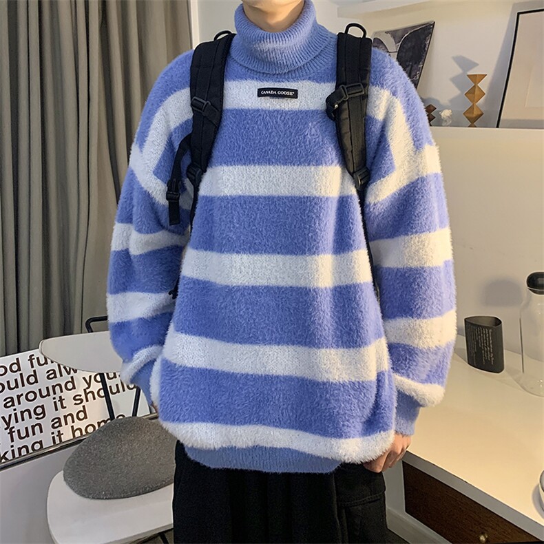 WASSUPHAPPY水貂毛高领毛衣男款冬季加厚条纹针织衫宽松保暖外套,男装针织衫/毛衣,星座1013-1