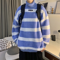 WASSUPHAPPY水貂毛高领毛衣男款冬季加厚条纹针织衫宽松保暖外套，男装针织衫/毛衣，星座1013-1