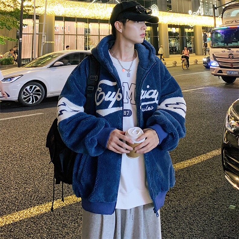 冬款港风学生加绒撞色棉衣羊羔绒连帽外套男女920-P110控价158,男装棉衣,电商A441-1