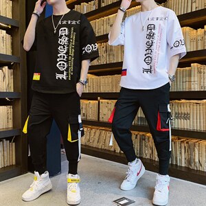 夏季新款潮流韩版宽松休闲帅气T恤青少年时尚套装男装F173P75图片
