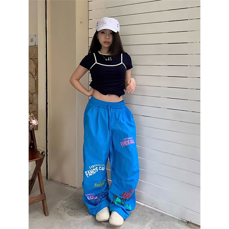 夏季薄款蓝色休闲阔腿美式运动裤透气轻薄欧美休闲裤女，女装休闲裤，星座1210-1