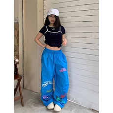 夏季薄款蓝色休闲阔腿美式运动裤透气轻薄欧美休闲裤女，女装休闲裤，星座1210-1