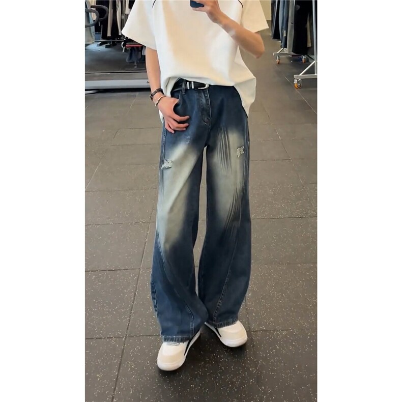 水洗渐变牛仔裤男生春秋季美式高街划痕设计潮牌宽松直筒阔腿长裤，男装牛仔裤，电商D312-1