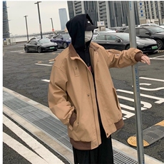 春秋新款日系卡其色工装外套男款港风潮牌痞帅拼色翻领宽松夹克衫，男装夹克，星座1210-1
