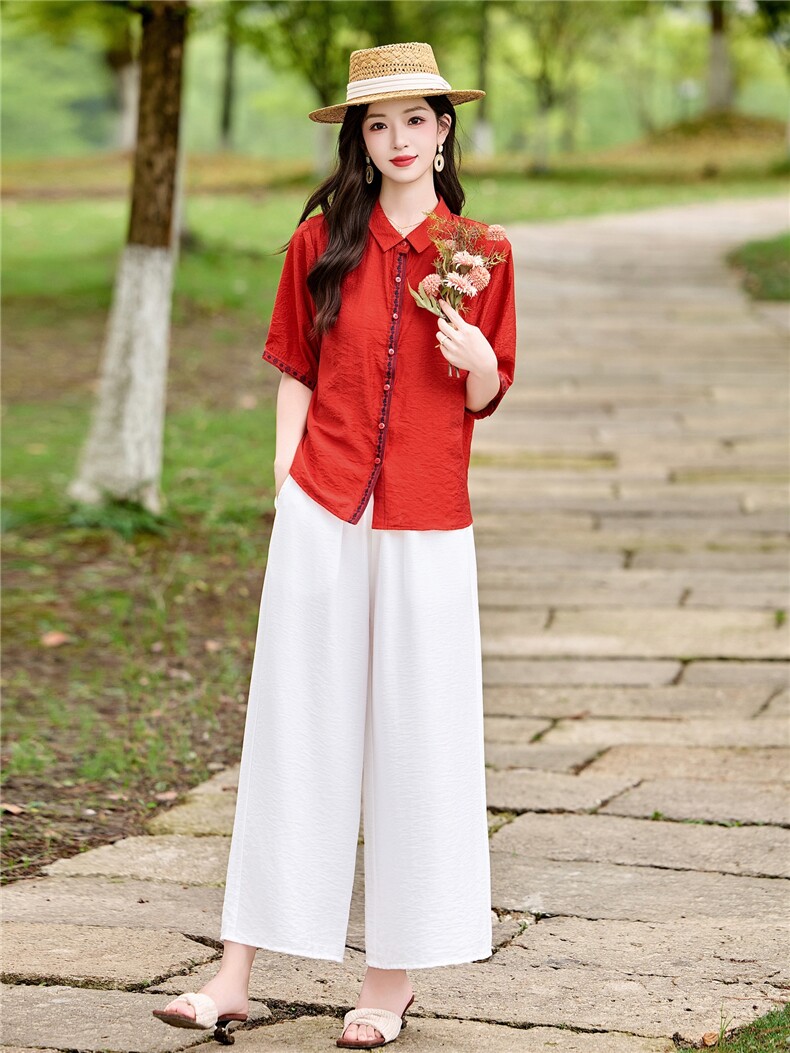 时尚洋气刺绣棉麻套装女2026夏季新款宽松遮肉显瘦阔腿裤两件套,女装套装/套裙,魅影