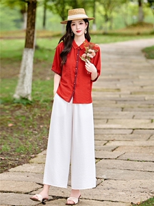 时尚洋气刺绣棉麻套装女2026夏季新款宽松遮肉显瘦阔腿裤两件套图片