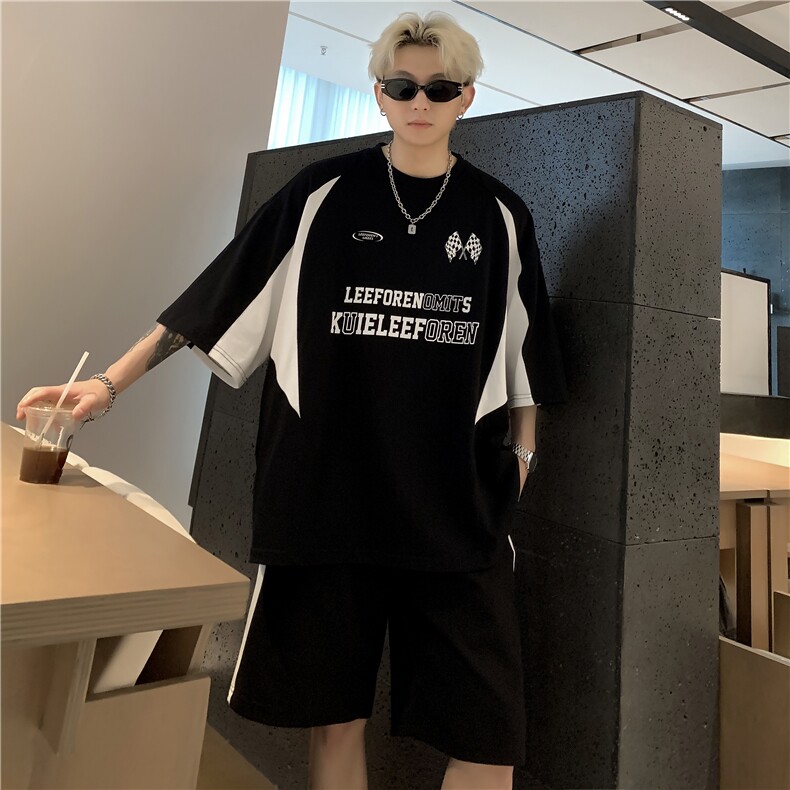 美式机车拼色短袖T恤男夏季潮牌ins痞帅高街设计感西海岸半袖体恤,男装T恤,电商C307