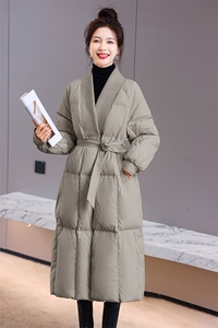 羽绒服女中长款过膝2024年新款冬季宽松V领收腰系腰带显瘦白鸭绒图片