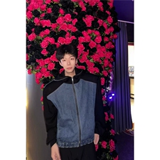牛仔拼接短款垫肩外套男春秋hiphop美式高街潮牌痞帅宽松连帽夹克，男装夹克，四季星座505