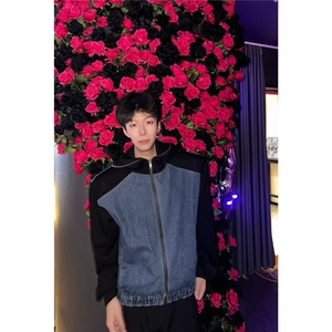 牛仔拼接短款垫肩外套男春秋hiphop美式高街潮牌痞帅宽松连帽夹克图片
