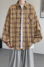 衬衫男秋季新款港风宽松大码磨毛格子扎染长袖衬衣CS506-P35，男装衬衫，星座214-3