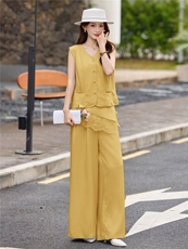 现货轻熟风气质套装女2026夏季麻料薄款西装马甲上衣阔腿裤两件套，女装套装/套裙，艾仟回(原伊仟回)