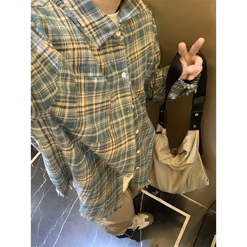 B221！美式ins高街暗黑小众毛边格子衬衫SY2320-P65控88,男装衬衫,电商B221