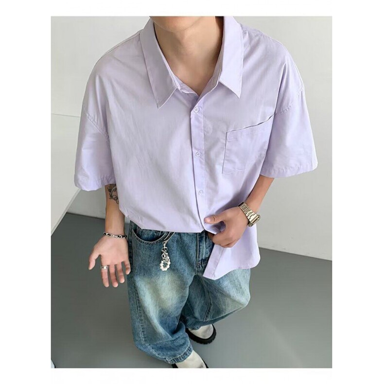 复古衬衫男夏装港风学生宽松小众设计感趣味新款男装上衣外穿,男装衬衫,四季星座505