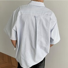 男基础通勤少年感蓝条纹牛津纺翻领衬衫工装夏休闲衬衣LS220P33，男装衬衫，星座1013-5