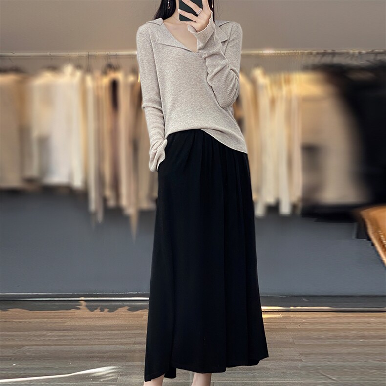 春秋新款精纺羊毛衫半身裙女自然腰百褶裙宽松百搭针织羊绒中长裙，女装半身裙，总能电商供货