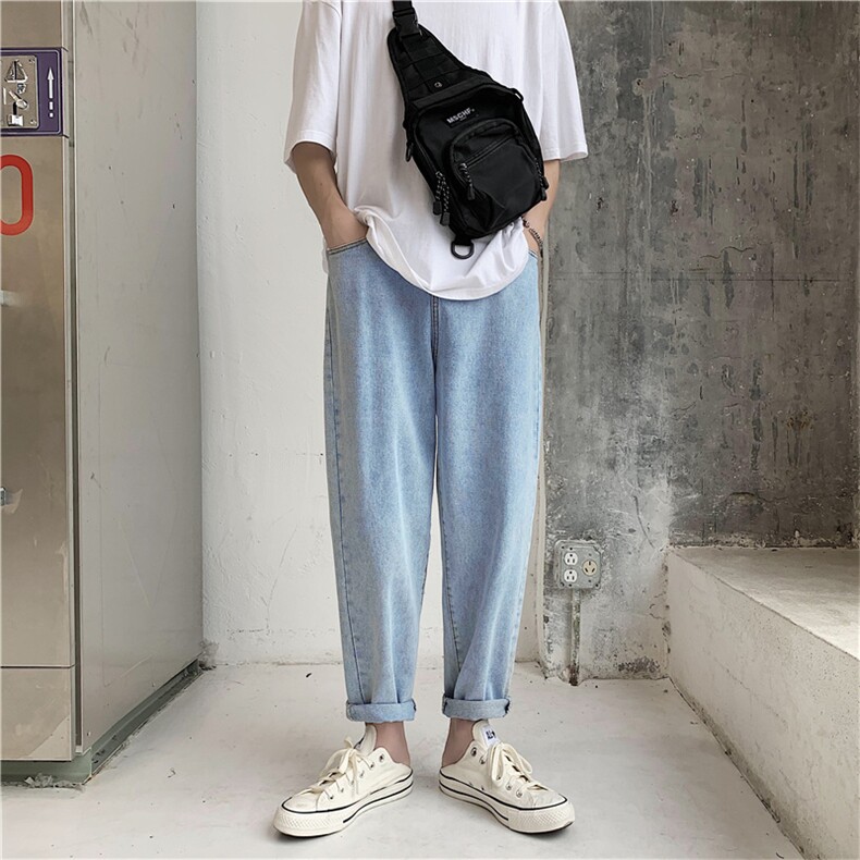 港风牛仔裤男韩版潮牌直筒九分裤男生ins潮流宽松休闲裤子N08-P35图片