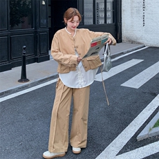 条纹拼接假两件外套直筒裤两件套2025秋季新款韩系卡其色淡人套装，女装套装/套裙，2C093