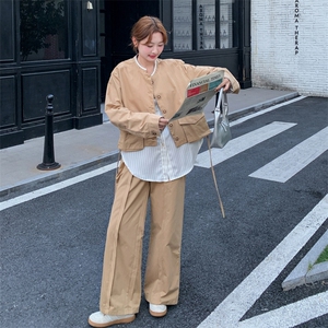 条纹拼接假两件外套直筒裤两件套2025秋季新款韩系卡其色淡人套装图片
