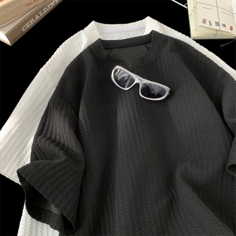 2025夏季新款港风摆拍大码V领短袖T恤M-5XHT25715-特P12，男装T恤，电商A022