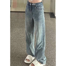 复古小个子阔腿牛仔裤女夏季新款设计感高腰窄版宽松显瘦直筒长裤，男装牛仔裤，星座506A