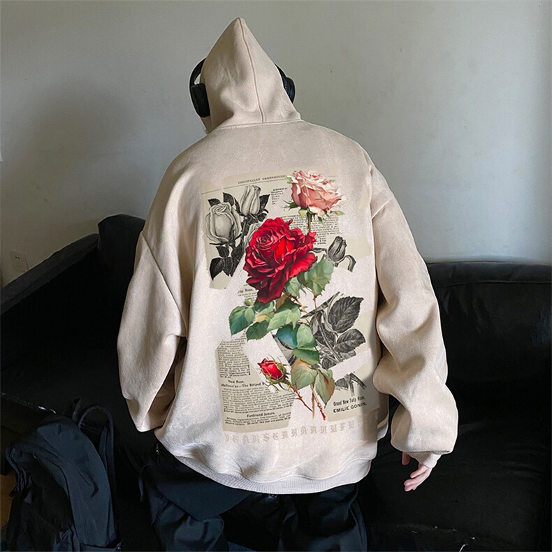 麂皮绒大码连帽卫衣美式复合玫瑰印花JK23389特批43-控69,男装卫衣,星座605(原A050)