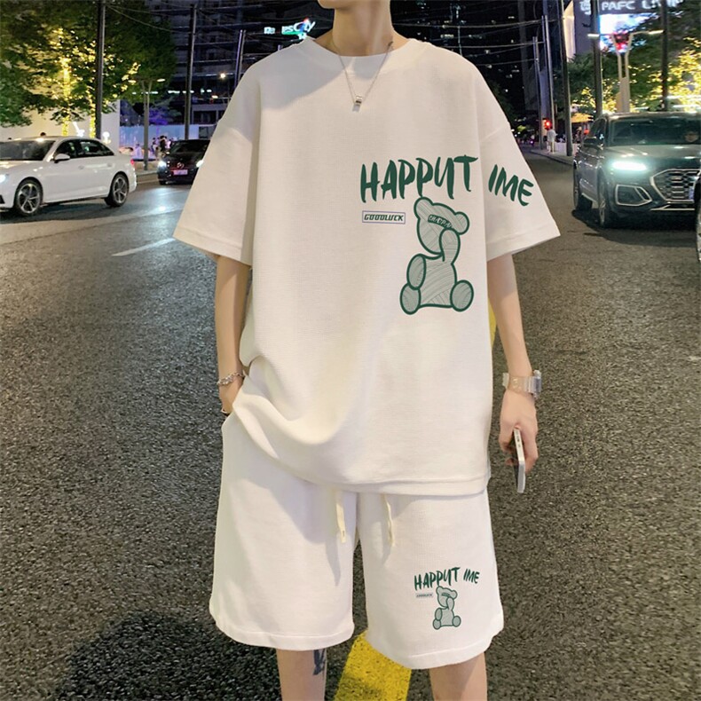 ！定制面料2024夏季新款男士华夫格短袖T恤套装情侣HTZ70P50图片