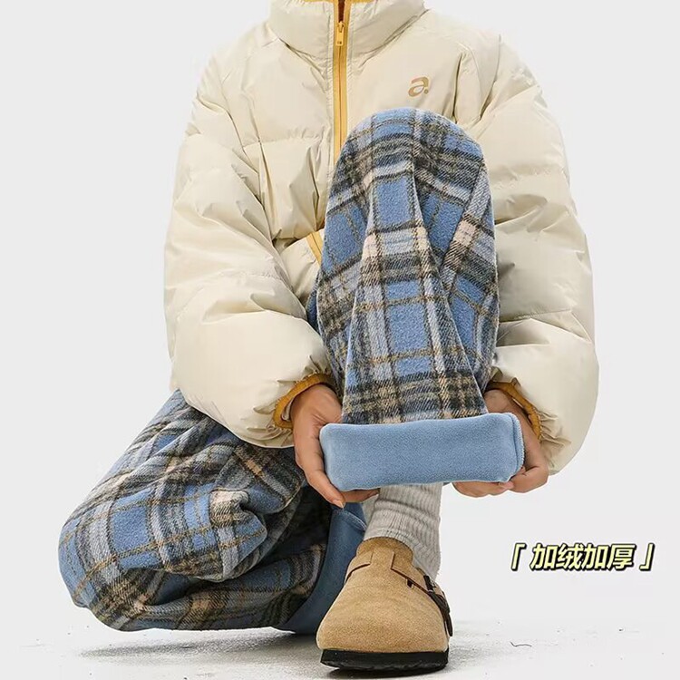 咖色毛呢格子阔腿裤女加绒2025年秋冬新款美拉德直筒裤宽松休闲裤,男装卫衣,星座218-8