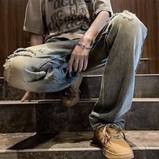 美式高街黄泥染破洞牛仔裤男复古潮牌直筒水洗微喇裤子RN903-P43，男装牛仔裤，星座1008