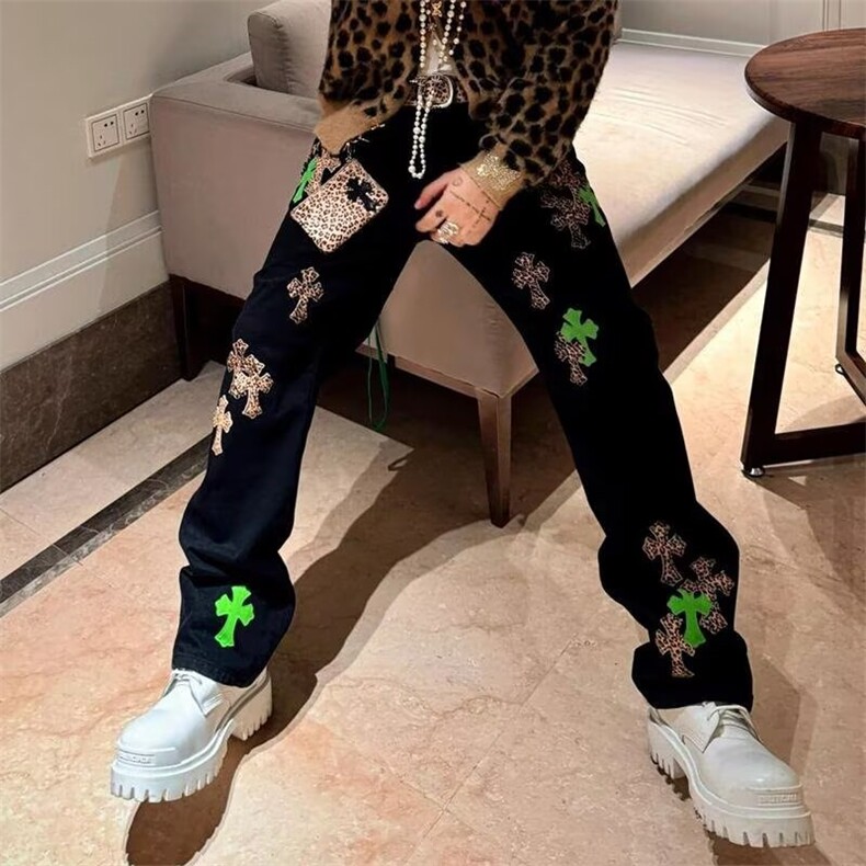 潮流欧货潮牌克罗经典彩色十字架拼皮牛仔裤男女同款时尚裤NZ7075，男装皮裤，星座516A