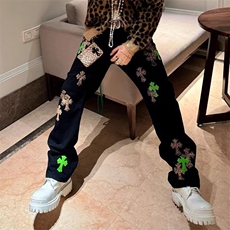 潮流欧货潮牌克罗经典彩色十字架拼皮牛仔裤男女同款时尚裤NZ7075，男装皮裤，星座516A