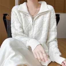 秋冬新款菱格毛巾绣开衫时尚百搭慵懒风，女装针织衫/毛衣，优麦羊绒（原洪叶羊绒）