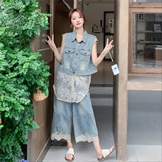 韩版蕾丝拼接牛仔马甲阔腿裤套装女2025夏季新款度假风显瘦两件套，女装套装/套裙，2C316